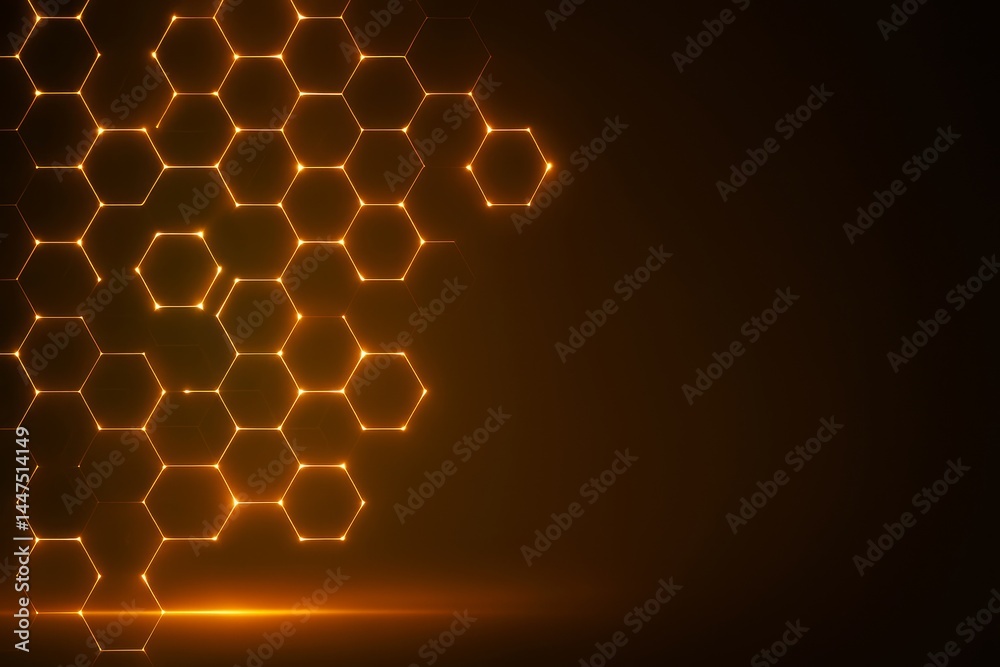 Fototapete Glowing hexagonal grid with orange light on dark background, futuristic digital backdrop with illuminated honeycomb pattern and abstract tech concept.