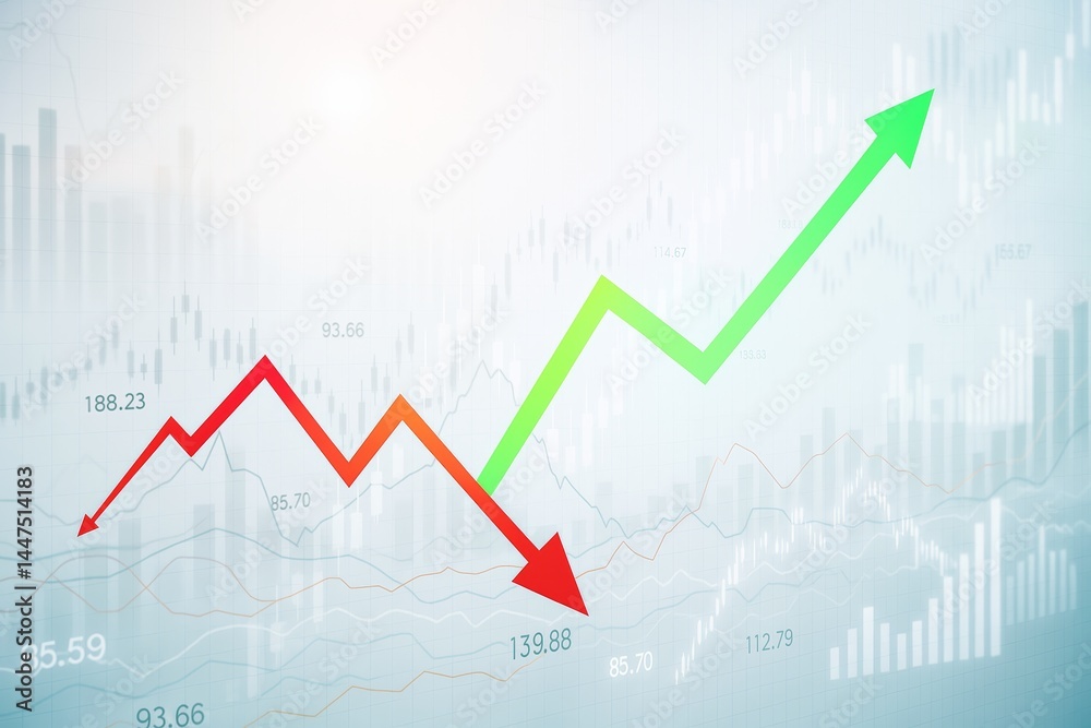 Poster Financial chart with red and green arrows showing market decline and growth on digital background with stock data and bar graphs.