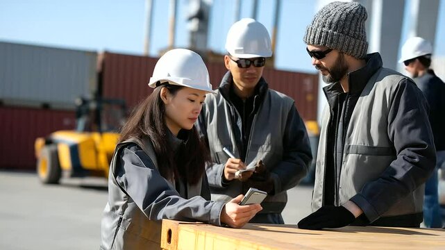 Team inspecting container of exported electronics at a sunny port