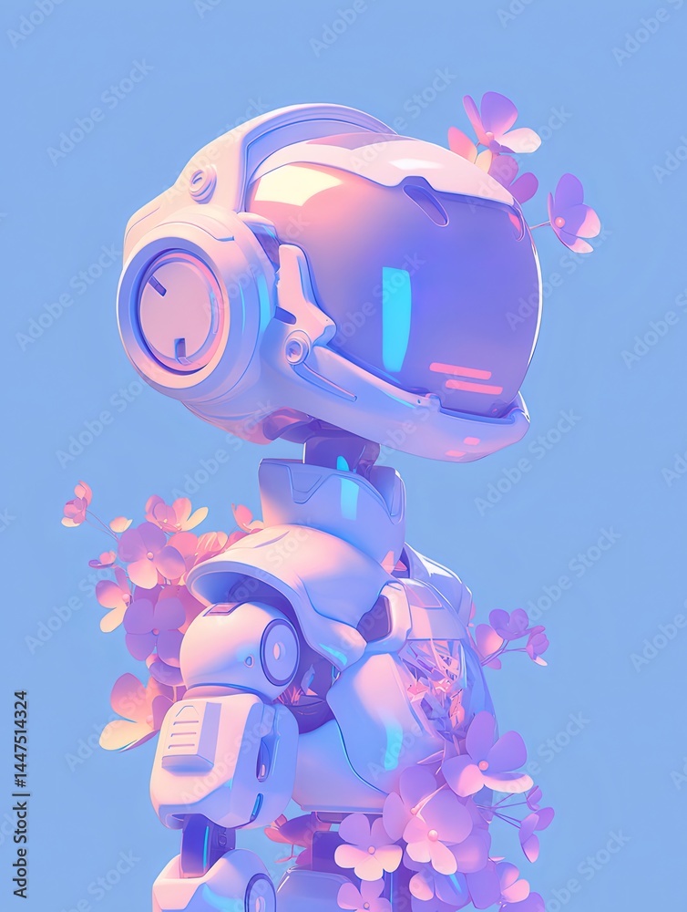 Aufkleber パステルカラーのロボットデザインと桜の装飾デジタルアートイラスト