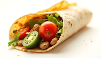 burrito with vegetables and tortilla, isolated on white