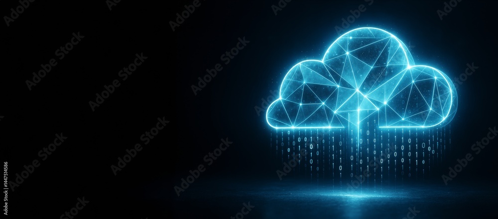 Aufkleber Glowing blue cloud icon with binary code and geometric mesh lines on dark background representing cloud computing and data exchange concept.