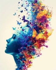 Modern woman in abstract surreal art featuring floral elements and unique design aesthetics