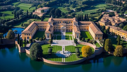 Aerial view of papal palace overlooking lake albano