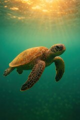 Fototapeta premium A serene underwater scene featuring a green sea turtle swimming gracefully, illuminated by golden sunlight filtering through the water.