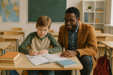 Soutien scolaire individuel entre élève et enseignant dans une salle de classe chaleureuse