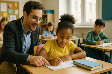 Soutien scolaire individuel entre élève et enseignant dans une salle de classe chaleureuse
