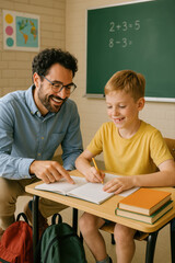 Soutien scolaire individuel entre élève et enseignant dans une salle de classe chaleureuse