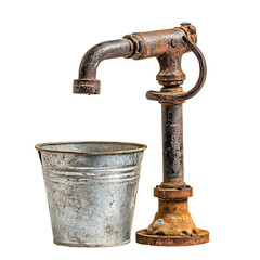 Rustic water pump and old metal bucket