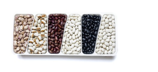 Assorted Dried Beans in a White Tray on a Clean White Background