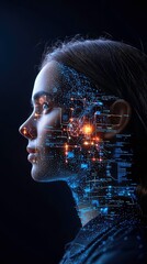 Portrait of a Woman with Circuit Pattern Overlay