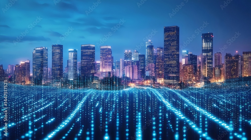 Poster 青い光輝くデジタル都市風景 夜空を背景にした現代的な街並み 未来的なテクノロジーとネットワークの概念