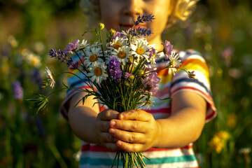 A close-up photograph of a child's hands holding a wildflower bouquet in natural daylight. The bouquet contains white daisies with yellow centers, purple lavender sprigs, and various green foliage