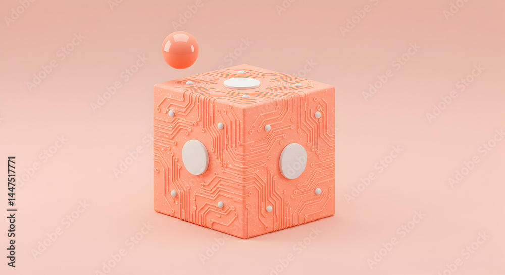 Aufkleber abstract geometric cube with pink circuits and floating sphere in modern rendering