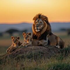 Lions resting together at sunset in the savannah, showcasing a pride's bond in a tranquil natural setting