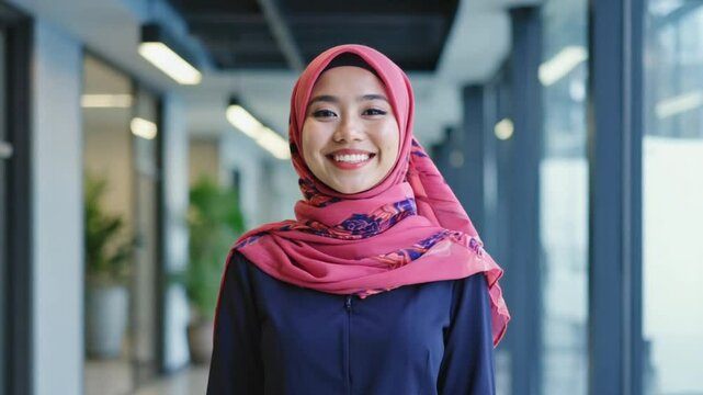 Smiling Muslim woman in the office with blurred background