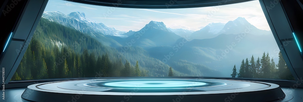 Poster 未来的な窓から見える山々の風景 鮮やかな青と緑の自然のパノラマビュー 内部構造と光のコントラスト
