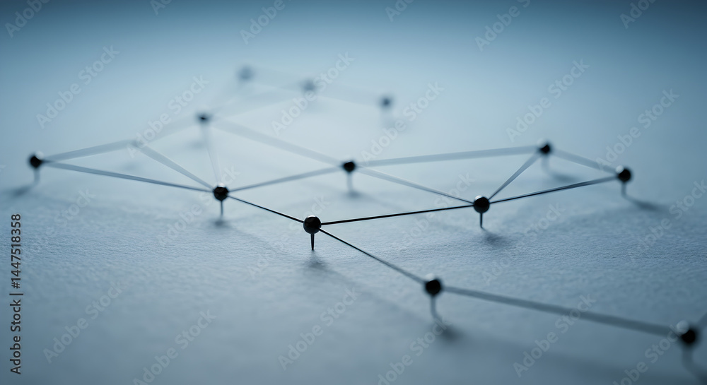 Poster abstract network connection of pins and lines on paper in soft blue tones showing interconnected bus