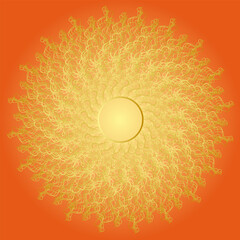 Original abstract background in orange with a round golden pattern in the center