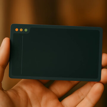 A realistic photograph of a human hand holding a small, blank card designed to resemble a dark-themed code editor window, negative space.