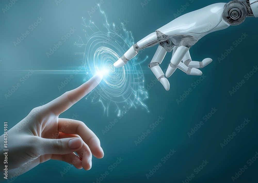 Poster 青い背景にロボットの手と人間の手が触れ合う未来的なシーン 輝く光とエネルギーがコミュニケーションとテクノロジーを象徴する