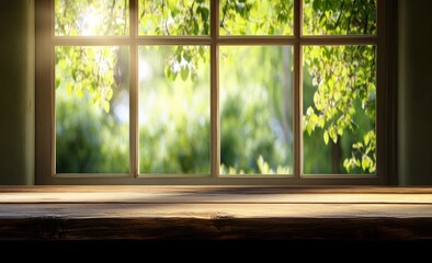 Wooden table, window, green outdoors. Sunlight streams through window