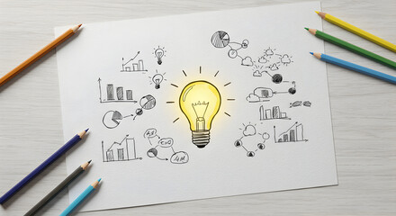 Bright Idea Lightbulb Surrounded by Sketches on White Paper with Colored Pencils on Wooden Table Top in Warm Lighting