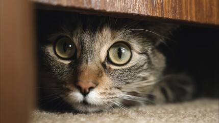 Tabby Cat Hiding Under Furniture: Playful Peek