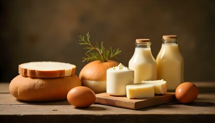 various fresh organic dairy products and eggs on wooden table isolated on white