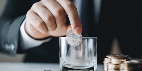Hand Putting Coin in a Jar Full of Coins, Saving Concept 
