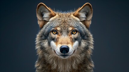 Fototapeta premium Majestic portrait of an adult wolf against a dark background highlighting its fierce beauty