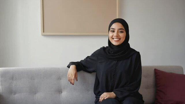 Smiling Muslim woman wearing an abaya sitting on the sofa 