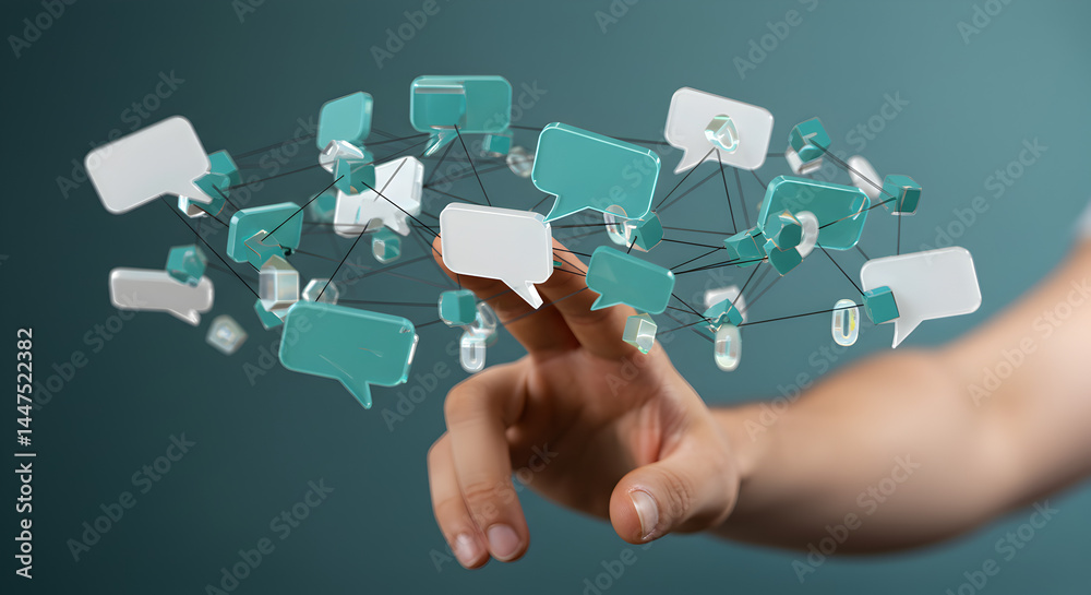 Poster conceptual digital communication network with floating speech bubbles and a hand interacting in a bl