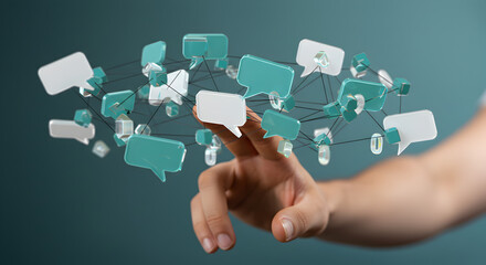 Conceptual Digital Communication Network with Floating Speech Bubbles and a Hand Interacting in a Blurred Background
