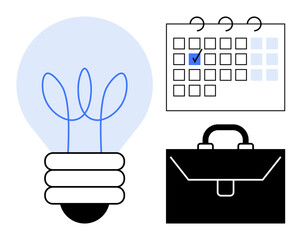 Light bulb suggesting innovation, calendar with marked date for planning, and briefcase symbolizing work. Ideal for productivity, business strategy, organization, planning, innovation, career growth