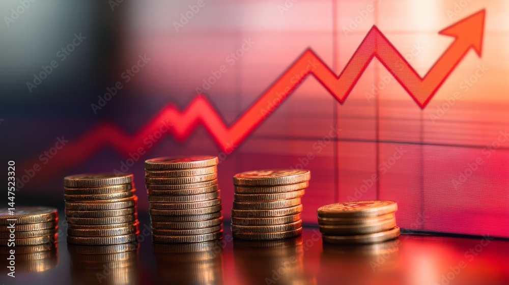 Aufkleber Stacks of gold coins increase in height with a red arrow trending upwards on a chart in the background, representing financial growth and investment success