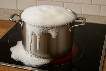 Metal pot boiling over with foam on electric stove, kitchen cooking accident concept, milk overflow, mess on hot surface, household mistake, cleaning challenge, spillage scene

