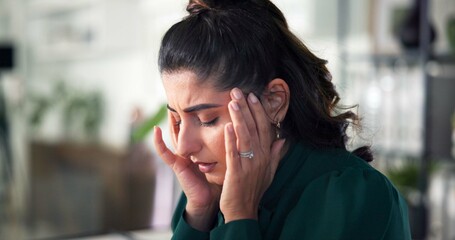 Office, businesswoman and hands with headache for stress, tension and burnout for project....