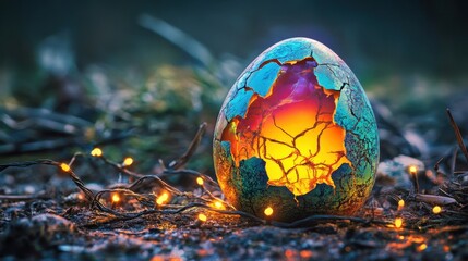 Brightly colored cracked egg with radiant glow and festive string lights arranged delicately around it