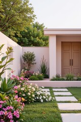 Fototapeta premium Modern Home Entrance with Landscaped Garden