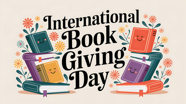 Colorful illustration celebrating International Book Giving Day with stacks of smiling books and floral accents.