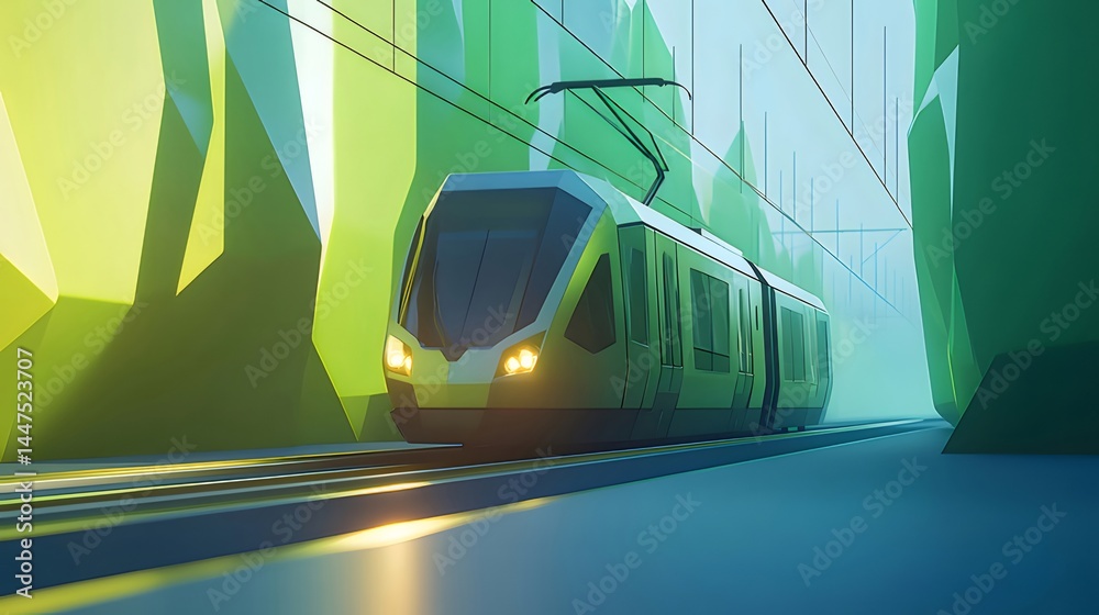 Aufkleber 緑色の未来都市電車が線路を走行し周りは幾何学的な緑の構造物と青い背景
