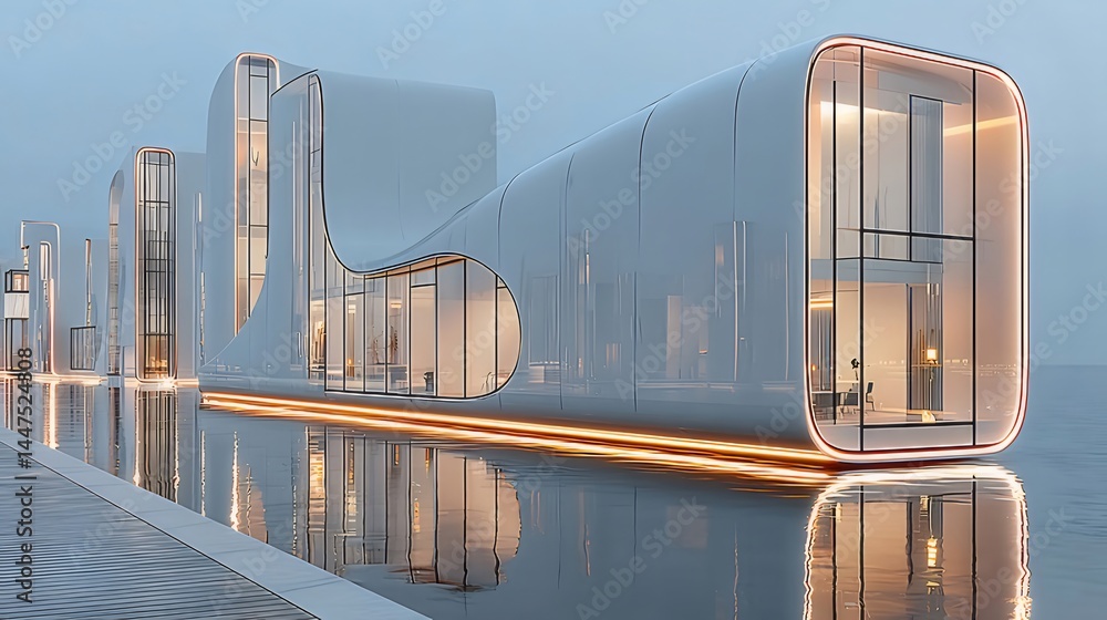 Aufkleber 未来的な白い建築デザイン 水面に映る洗練された幾何学構造と光の反射