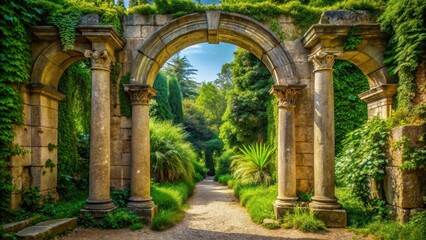 Ancient Roman archway surrounded by lush greenery and stone pillars, arch, roman, arch, roman, outdoor, monument