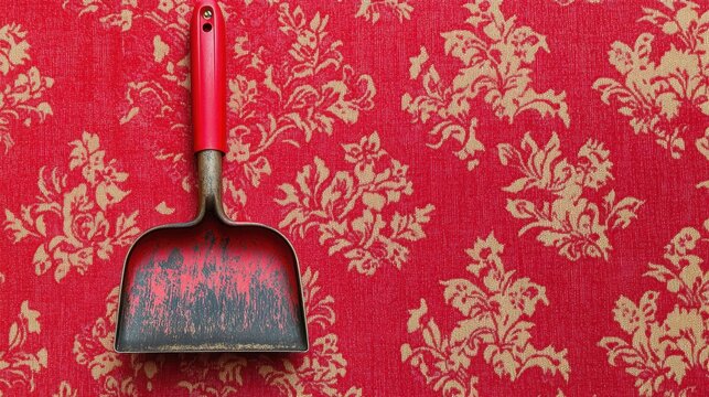Confident display of a retro dustpan set against plush, traditional red pattern with symmetrical flourishes