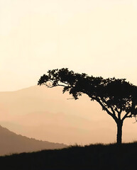 Obraz premium Minimalist nature landscape featuring a dark silhouette of a tree or mountain against a soft pastel gradient sky. Flat or semi-realistic style with a calm, peaceful mood. Created with generated AI