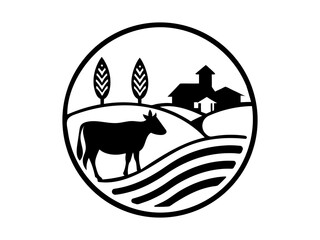 Retro Farm Logo Silhouette | Vintage Agriculture Field Scene with Barn, Sunrise and Trees | Rustic Organic Vector Design

