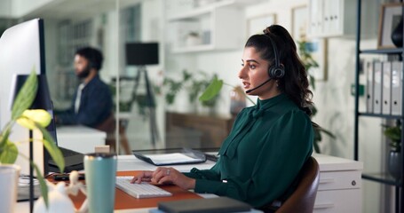 Office, businesswoman and consultant with computer for headset, customer information and...