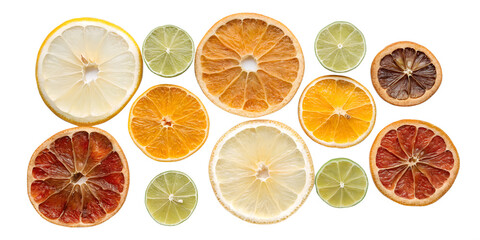 Obraz premium dried and fresh citrus fruit wheel slices isolated on white background png