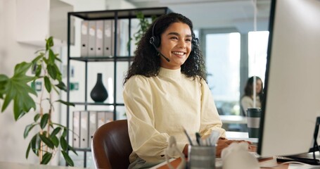 Call center, happy woman and customer service in office with computer, communication and online...